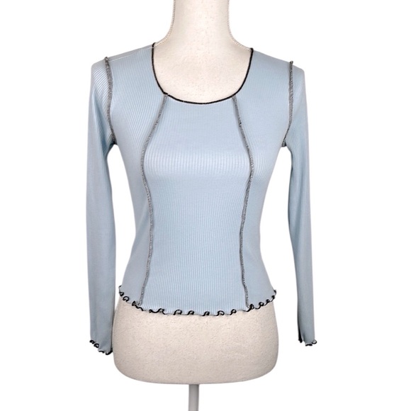 Full Tilt Light Blue Ribbed 90's Y2K Lettuce Hem Long Sleeve Top Size Medium - Picture 1 of 5